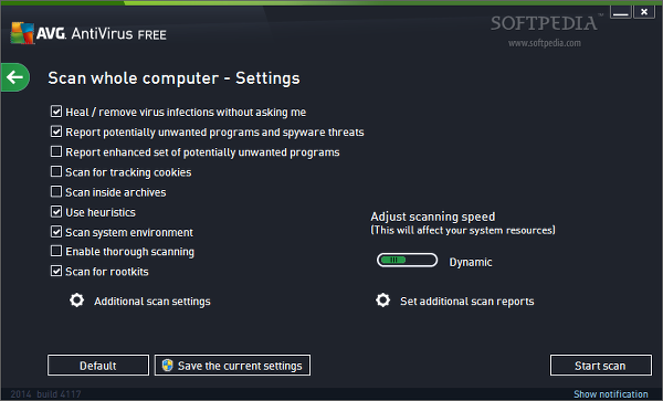 The scanner settings of AVG Antivirus Free